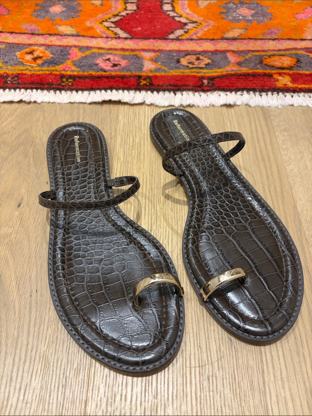 Reformation Dark Brown Croc-Embossed Slide Sandals with Gold Toe Ring